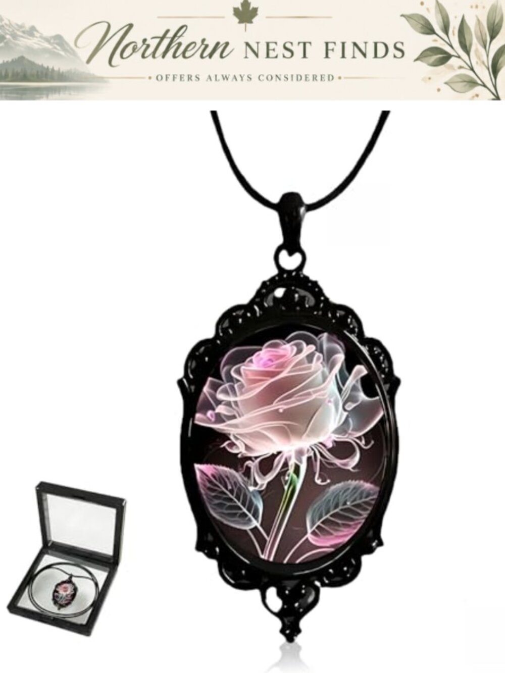Gothic Black Gem Pendant Necklace Antique Silver Tone Dark Style Jewelry